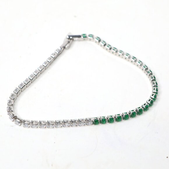 Delicate Green & Clear Rhinestone Tennis Bracelet Gemstones Silvertone - Picture 7 of 7